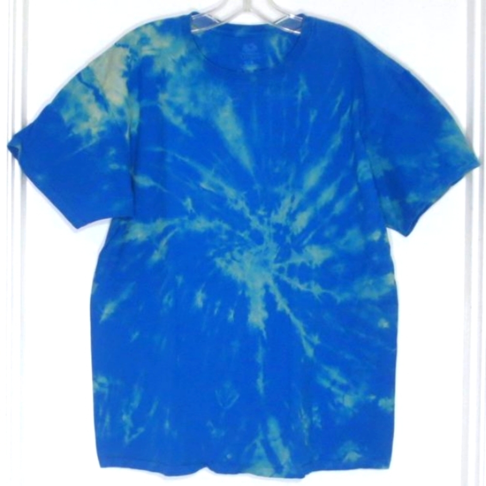 New Upcycled Shirt Reverse Tie Dye Blue Green Stretch Cotton Comfy Unisex Size L